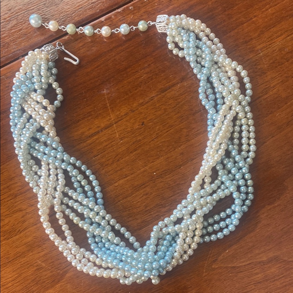 Vintage Cream and Blue Multi-Strand Necklace with Twisted Design